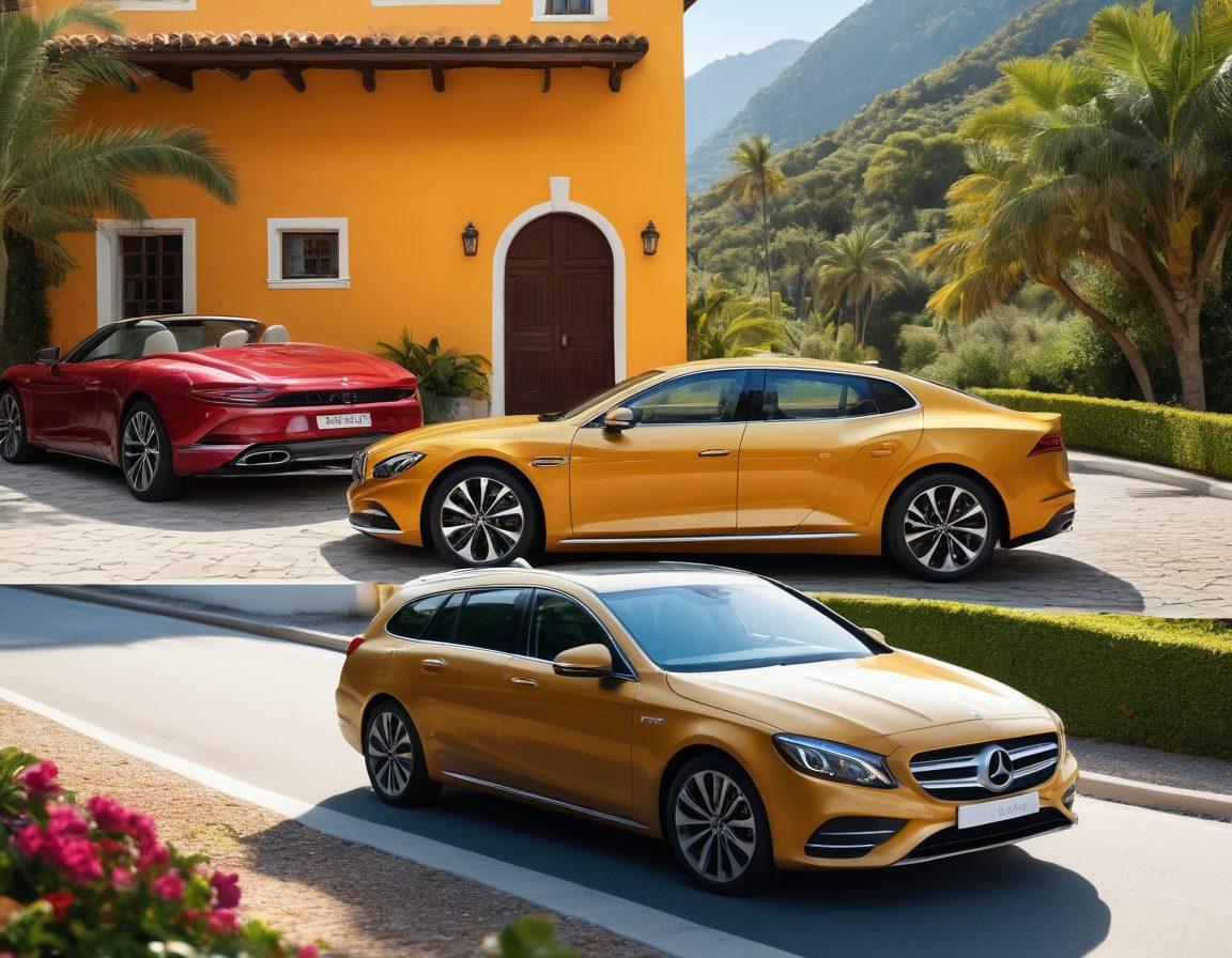 A split-image design showcasing two contrasting vehicle rental experiences. On one side, a cheerful traveler renting an affordable, practical vehicle in a sunny, budget-friendly setting. On the other side, the same traveler enjoying a luxurious car in an upscale environment, with elegant details like a plush interior and luxurious backdrop. Include elements like a price tag and a luxury badge to visualize the transition. vibrant colors. super-realistic.