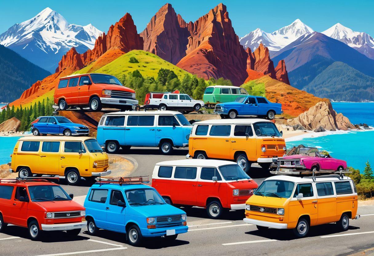 A vibrant collage featuring diverse vehicles like cars, vans, and bikes set against scenic backdrops of mountains, beaches, and city streets. Include price tags and discounts subtly integrated into the scene, symbolizing affordable rentals. The foreground should show happy travelers loading their luggage, creating a sense of adventure and excitement. bright colors. cartoonish style. white background.