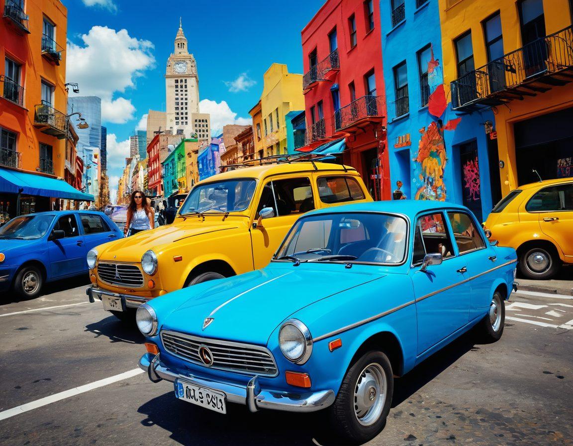 A lively scene depicting a diverse group of travelers happily exploring a vibrant city in a rented vehicle, surrounded by landmarks and colorful street art. The atmosphere conveys excitement and adventure, with budget-friendly symbols like price tags and discounts subtly integrated into the background. The sky is bright blue, enhancing a sense of freedom and possibility. feature infographics with vehicle hire tips scattered around. super-realistic. vibrant colors. 3D.